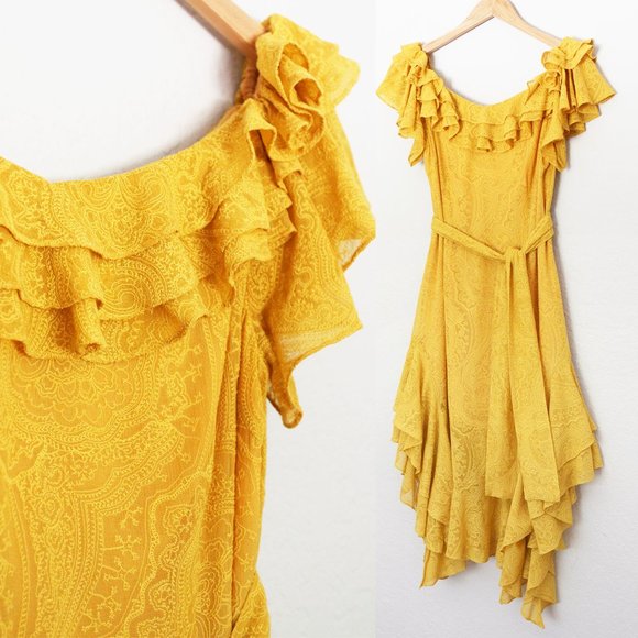 Marissa Webb 100% Silk Sofia Embroidered Ruffle Midi Dress L Saffron Yellow $798 - Picture 6 of 16